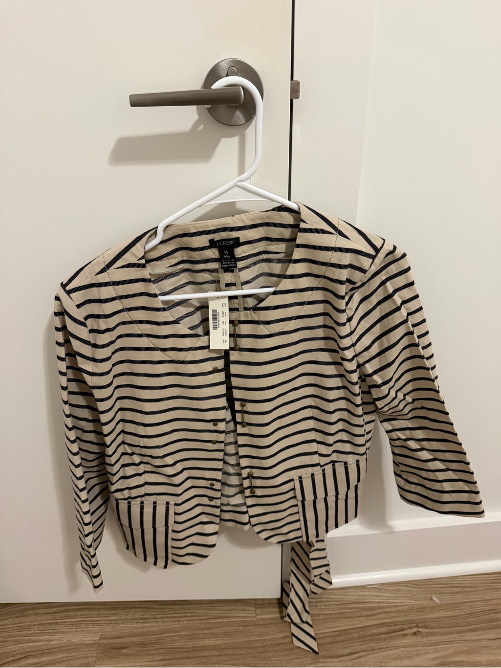 New J. Crew Beige And Navy Striped Tie-Front Blazer